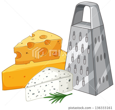 Vector Illustration of Assorted Cheese Wedges and a Metal Grater Vector Illustration of Assorted Cheese Wedges and a Metal Grater 136333161