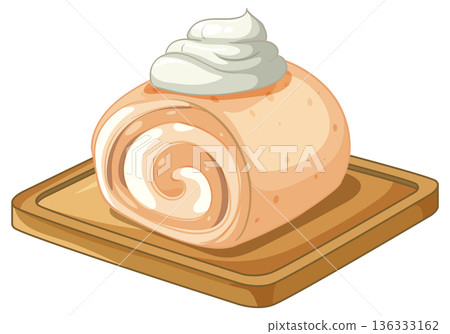 Swiss Roll Cake with Whipped Cream Topping on Wooden Board Swiss Roll Cake with Whipped Cream Topping on Wooden Board 136333162