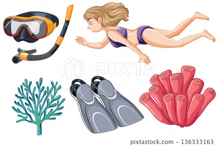Snorkeling and Scuba Diving Equipment Set with Woman Swimming and Coral 136333163