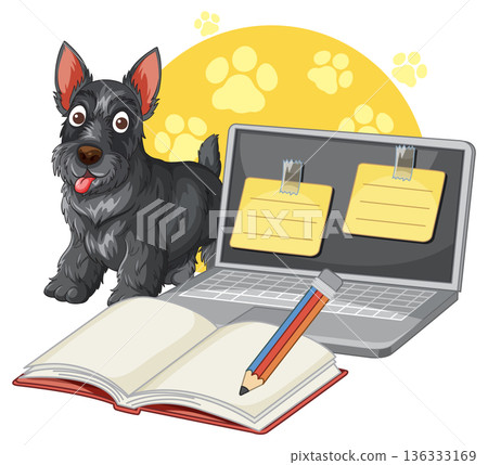 Cartoon Scottish Terrier Standing Next to Laptop and Open Notebook 136333169