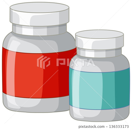Two Plastic Medicine Bottles with Red and Blue Labels on White Background 136333173