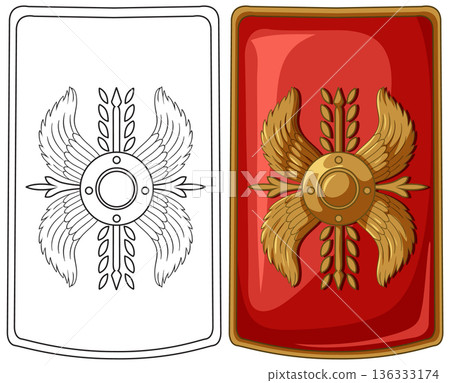 Ancient Roman Scutum Shield Vector Illustration in Color and Line Art 136333174