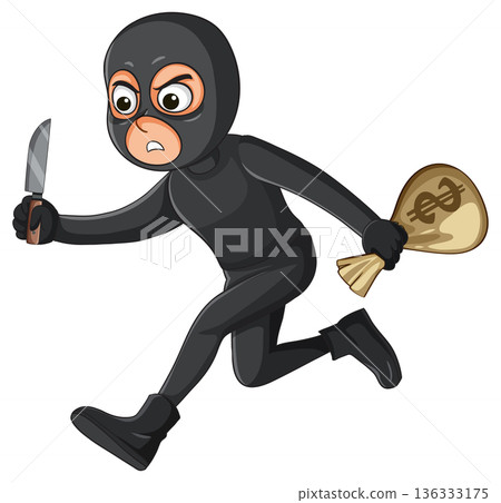 Cartoon Masked Thief Running With Money Bag and Knife Cartoon Masked Thief Running With Money Bag and Knife 136333175