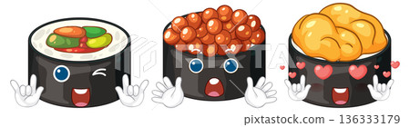 Three Cute Cartoon Sushi Rolls with Expressive Faces and Hand Gestures 136333179