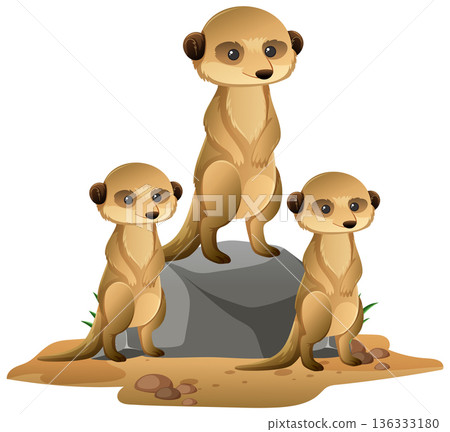 Three Meerkats Standing Alert on Sandy Ground 136333180