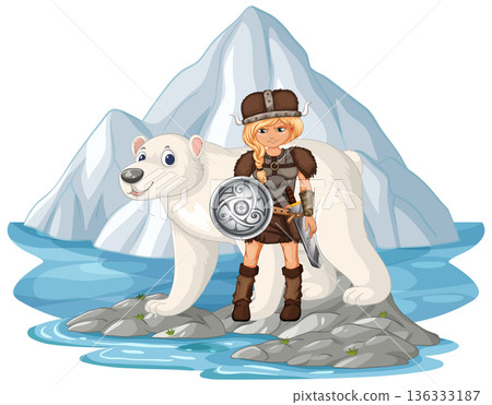 Viking Girl Warrior Standing with Polar Bear on Arctic Ice Viking Girl Warrior Standing with Polar Bear on Arctic Ice 136333187