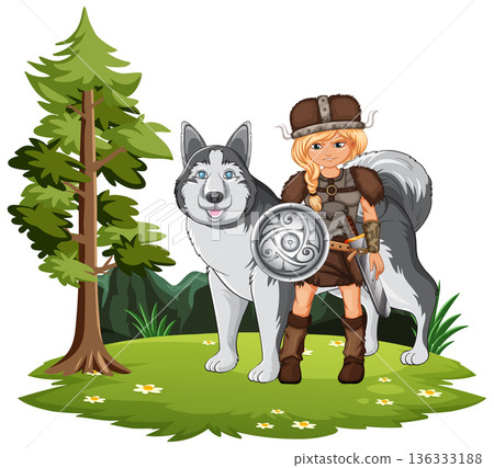 Viking Girl Warrior Standing with Large Siberian Husky in Forest Viking Girl Warrior Standing with Large Siberian Husky in Forest 136333188