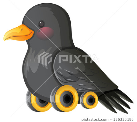 Cartoon Black Bird with Wheels Vector Illustration 136333193