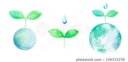 Transparent watercolor illustration of an ecological image: Earth with young leaves growing, seedlings 136333236