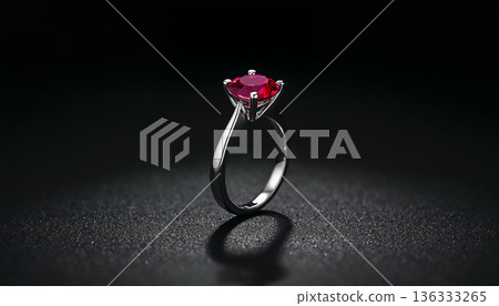 一枚鉑金單鑽戒指，鑲嵌著一顆深紅色的紅寶石，在黑色背景的襯托下顯得格外引人注目。 136333265