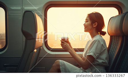 一個微笑的正方形正望著窗外的日落，穿著夏日短袖，手裡拿著一個紙杯。 136333267