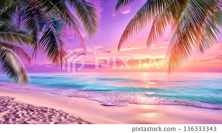 A tropical beach bathed in a pink sunset 136333343