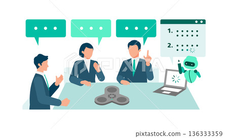 Illustration of solving meeting minutes creation with a revolutionary voice recognition device Business innovation slide material 136333359