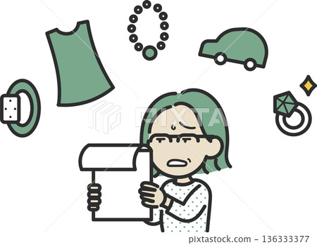 Illustration of a woman in her 40s struggling to make payments 136333377