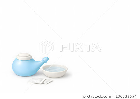 鼻腔清洗套裝的3D插圖，橫向白色背景，帶邊框 136333554