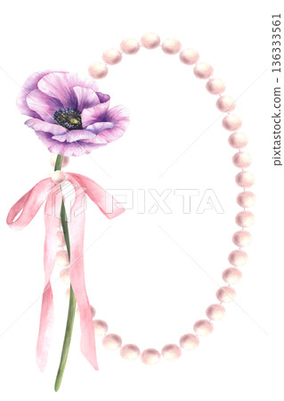 Watercolor anemone purple flower arranged with pink pearl frame and ribbon bow. Floral illustration for greeting cards, wedding invitations, birthday, Mothers Day and love theme. Isolated illustration Watercolor anemone purple flower arranged with pink pearl frame and ribbon bow. Floral illustration for greeting cards, wedding invitations, birthday, Mothers Day and love theme. Isolated illustration 136333561