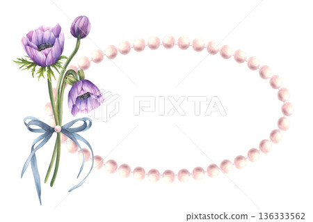 Anemone purple flowers, buds bouquet with pink pearl frame and tied with ribbon bow. Hand drawn watercolor isolated on white background illustration for birthday, Mothers, Valentines day greeting card Anemone purple flowers, buds bouquet with pink pearl frame and tied with ribbon bow. Hand drawn watercolor isolated on white background illustration for birthday, Mothers, Valentines day greeting card 136333562