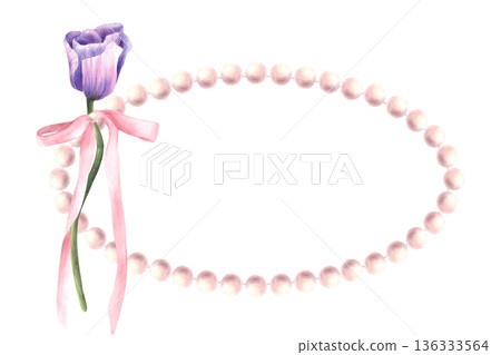 Watercolor romantic card with anemone purple flowers, pearl frame and tied pink bow. Hand drawn festive greeting oval template for birthday, Mothers, Valentines, wedding, Women's Day Isolated on white 136333564
