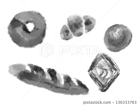 用墨水和黑色水彩繪製的各種麵包的插圖素材 136333763