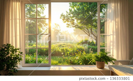 自然乾淨的背景，美麗的翠綠花園，陽光透過窗戶的樹木灑進來，給人一種充滿希望的一天開始的感覺。 136333801