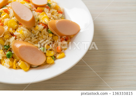 fried rice with sausage and mixed vegetable 136333815