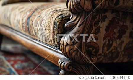 A wooden chair with a floral pattern on it 136334168