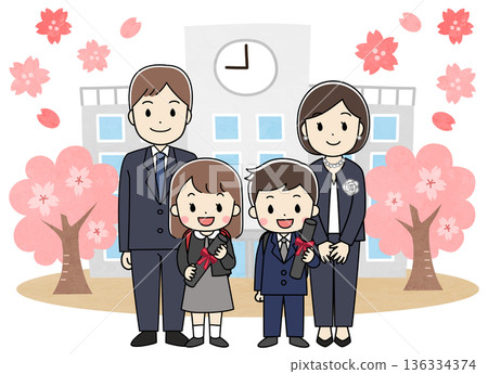 Illustration of parents and children attending an elementary school graduation ceremony 136334374