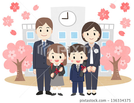 Illustration of parents and children attending an elementary school graduation ceremony 136334375