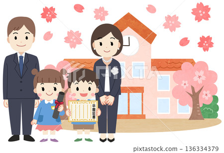 Illustration of parents and children attending a nursery school/kindergarten graduation ceremony Illustration of parents and children attending a nursery school/kindergarten graduation ceremony 136334379