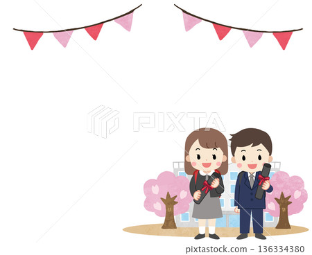 Frame illustration of smiling graduating children in front of their school 136334380