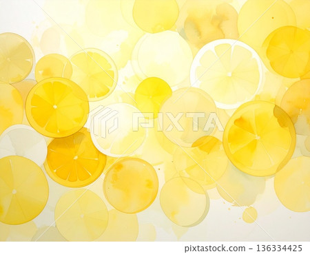 一幅清新的黃色水彩抽象背景插畫，帶有透明感，靈感來自新鮮的檸檬和爆裂的果汁。 136334425