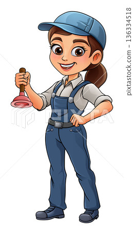 Woman Female Plumber Drain Plunger Cartoon Mascot Woman Female Plumber Drain Plunger Cartoon Mascot 136334518