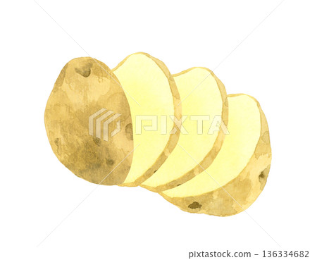 切好的馬鈴薯（切片/圓片） 手繪水彩蔬菜插圖 136334682