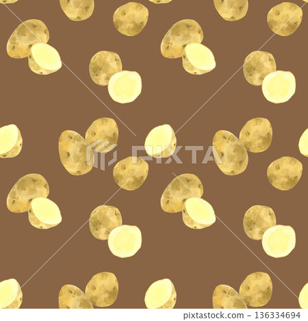 Potato seamless pattern. Hand-drawn watercolor vegetable illustration background material. Potato seamless pattern. Hand-drawn watercolor vegetable illustration background material. 136334694