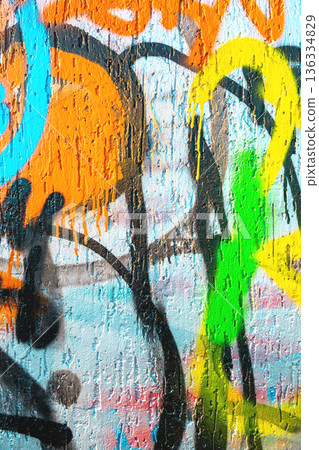 Colorful Urban Graffiti Wall - Dripping Paint in Neon Orange, Blue, Green for 90s, Y2K Street Style 136334829