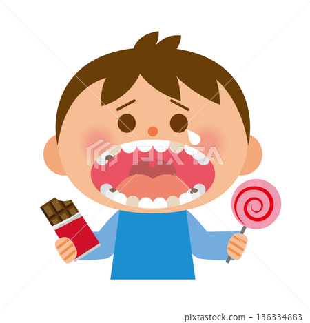 A child with lots of cavities holding candy A child with lots of cavities holding candy 136334883