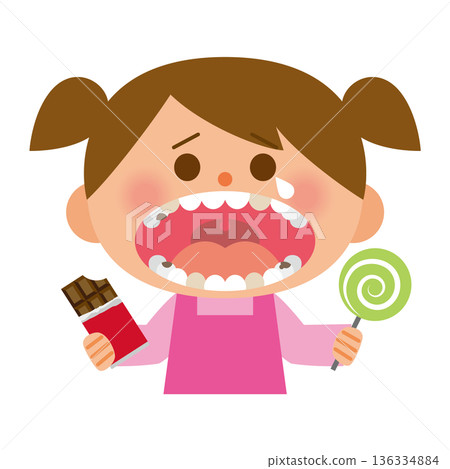 一個有很多蛀牙的孩子拿著糖果 136334884