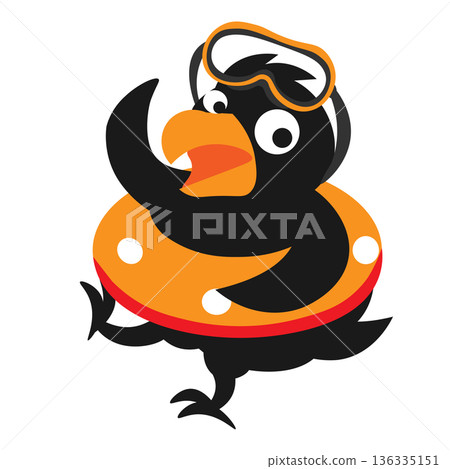 Illustration of a crow posing with a swim ring and goggles 136335151