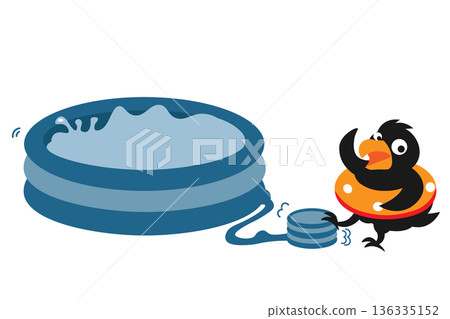 Illustration of a crow filling a blue plastic pool with air and water 136335152