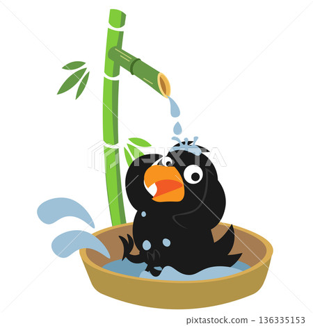 Illustration of a crow bathing in a bamboo shower 136335153