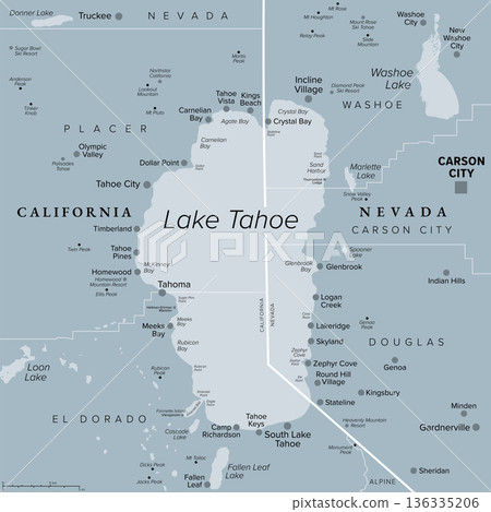 Lake Tahoe in the Western United States, gray political map. Freshwater lake in the Sierra Nevada, straddling the border between California and Nevada. North Americas largest alpine lake. Vector 136335206