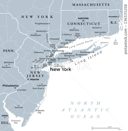 New York metropolitan area, gray political map. Greater New York or Tri-State area, comprising New York City, North and Central New Jersey, Hudson Valley, and Southwestern Connecticut. Vector New York metropolitan area, gray political map. Greater New York or Tri-State area, comprising New York City, North and Central New Jersey, Hudson Valley, and Southwestern Connecticut. Vector 136335208
