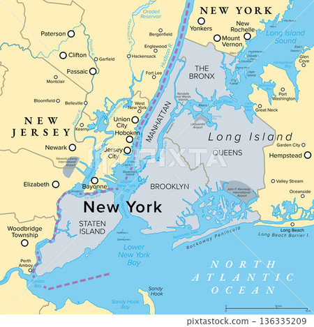 New York City, NYC, political map. Most populous city in the United States, at southern tip of New York State, compromising boroughs Manhattan, Brooklyn, Queens, The Bronx, and Staten Island. Vector New York City, NYC, political map. Most populous city in the United States, at southern tip of New York State, compromising boroughs Manhattan, Brooklyn, Queens, The Bronx, and Staten Island. Vector 136335209