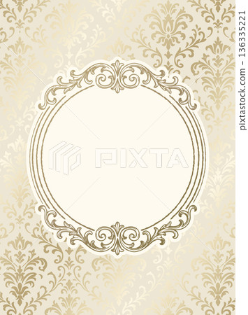 Champagne gold damask pattern background and frame: Luxurious wedding menu and invitation material 136335221
