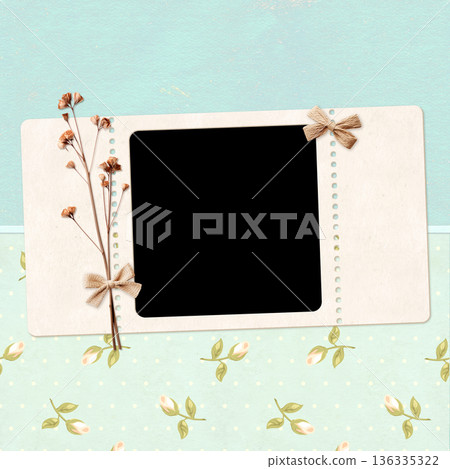 Nostalgic scrapbooking banner with moodboard pictures for scrapbooking. Retro background with paper texture, dry pressed leaves, flowers, linen bow and frame photo. Vintage style mood board layout Nostalgic scrapbooking banner with moodboard pictures for scrapbooking. Retro background with paper texture, dry pressed leaves, flowers, linen bow and frame photo. Vintage style mood board layout 136335322