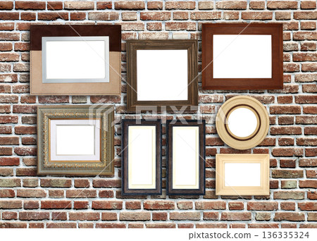 Horizontal banner with blank picture frames hanging on brick wall. Empty photo frame set on wall background. Mock up poster frame template for decor room. Retro Interior design. Copy space for text Horizontal banner with blank picture frames hanging on brick wall. Empty photo frame set on wall background. Mock up poster frame template for decor room. Retro Interior design. Copy space for text 136335324