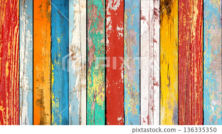 Texture of vintage wood board with cracked paint in various hues. Horizontal retro background with wooden plank with old paint of different color. Full pattern for banner or skinali with wood panels Texture of vintage wood board with cracked paint in various hues. Horizontal retro background with wooden plank with old paint of different color. Full pattern for banner or skinali with wood panels 136335350