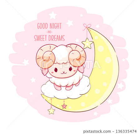 Cute baby lamb on moon. Inscription Good night and sweet dreams. Cartoon little sheep on crescent. Can be used for for childish t-shirt prints, nursery poster, baby shower greeting card. Vector EPS8 136335474