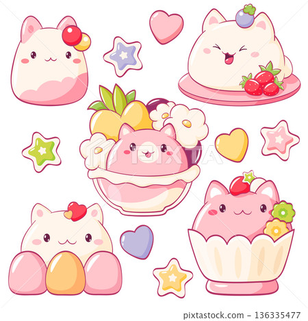 Set of stickers with cute cat-shaped dessert in kawaii style. Animal-shaped Cake, muffin, cupcake with whipped cream and strawberry. Can be used for t-shirt print, sticker, greeting card. Vector EPS8 Set of stickers with cute cat-shaped dessert in kawaii style. Animal-shaped Cake, muffin, cupcake with whipped cream and strawberry. Can be used for t-shirt print, sticker, greeting card. Vector EPS8 136335477