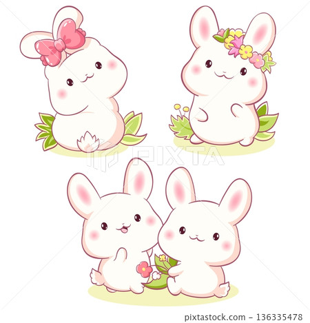 Set of little bunny in kawaii style. Tiny baby rabbits in multiple poses. Cute rabbit expression sheet collection. Can be used for t-shirt print, sticker, greeting card. Vector illustration EPS8 136335478